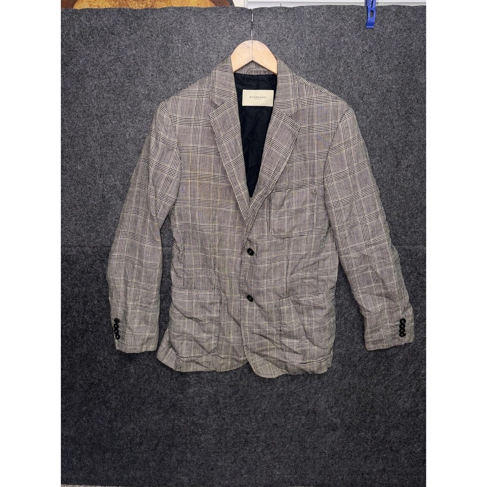 Burberry London Sport Coat Mens EU 50 Beige Check Wool Linen Blazer Tweed
